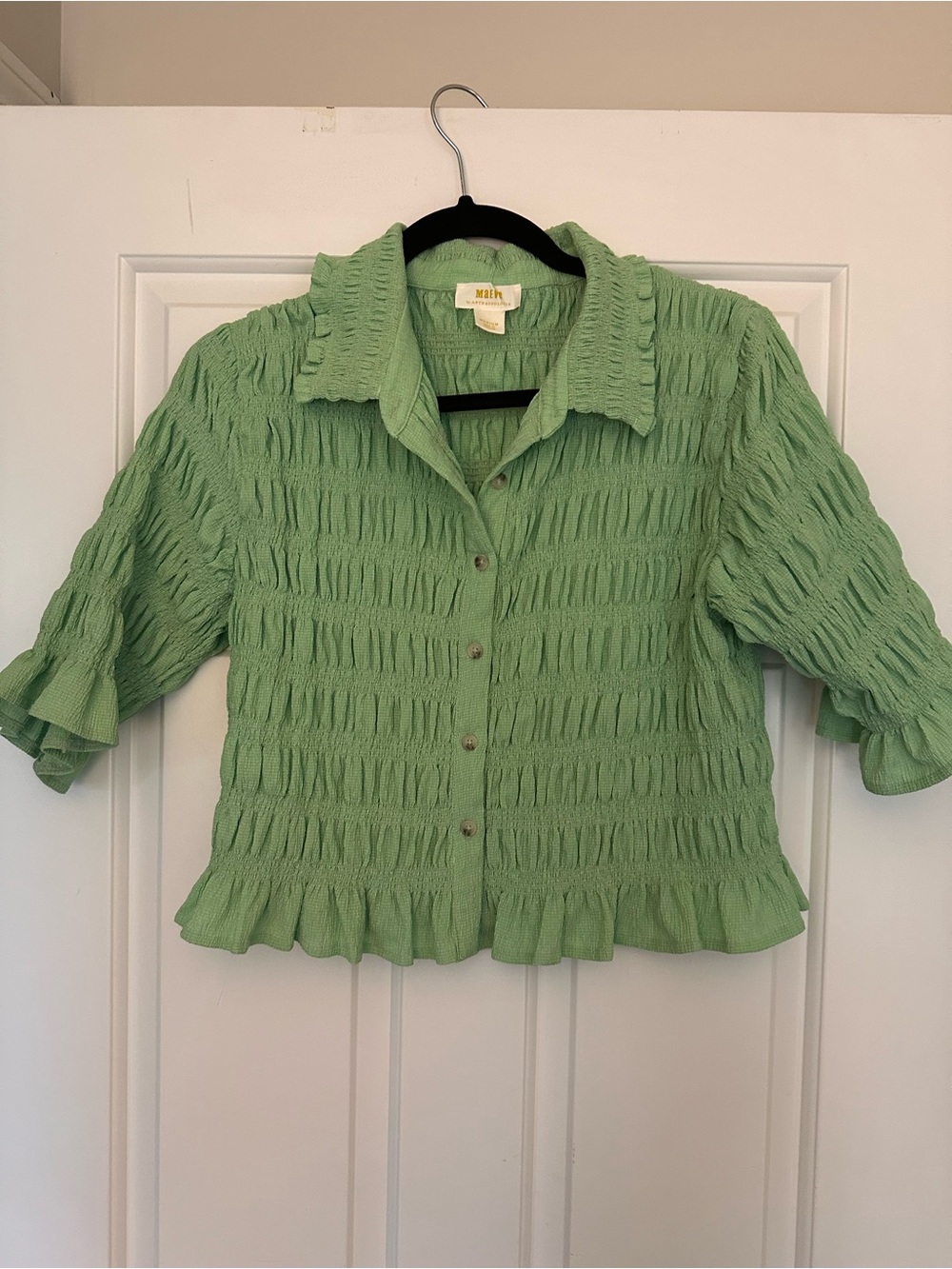 Anthropologie Mint Green Textured Ruffle Button-Down Top